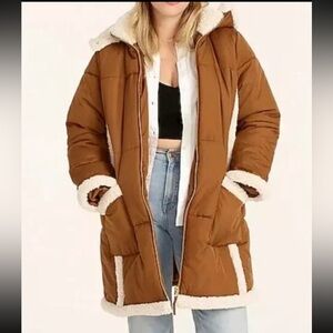 J. Crew Tan Puffer Coat with Sherpa Trim jcrew